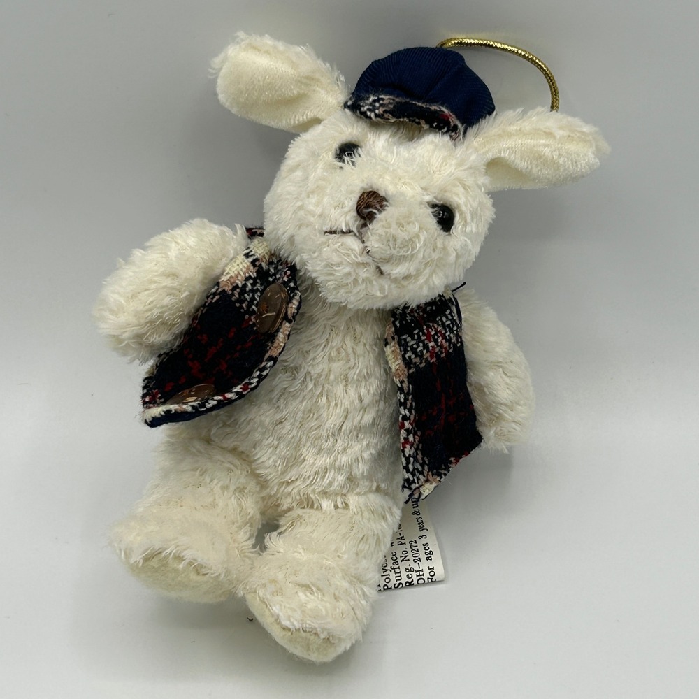 Hugfun Cream 6" Plush Bear Holiday Ornament Vest Cap Plaid Academia Style Preppy